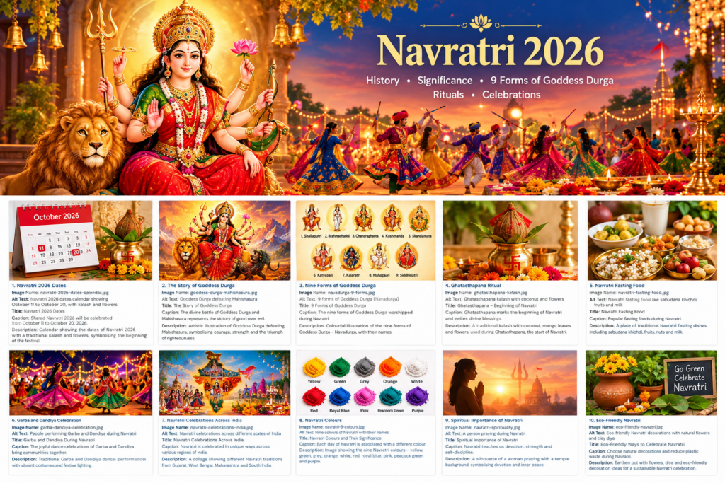 Goddess Durga with lion and Garba dancers celebrating Navratri 2026